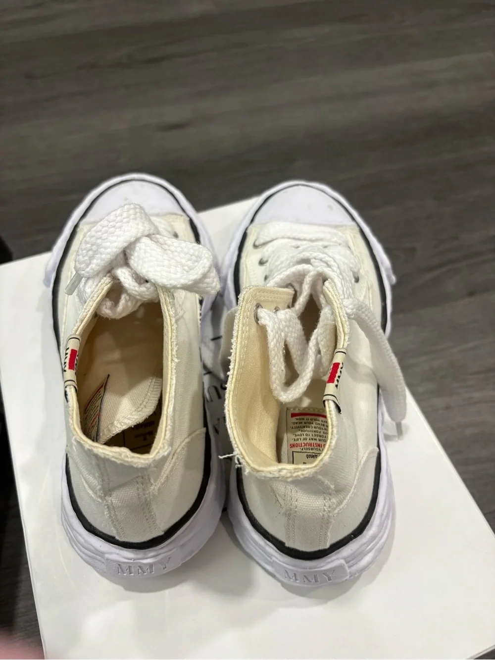 Miharayasuhiro White and Black Distressed High-Top Canvas Sneakers